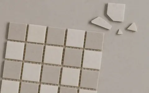 Små, ljusa mosaikplattor i grå och vita nyanser, några trasiga bitar ligger bredvid. Perfekt för att torka papper eller skapa ett mönster.