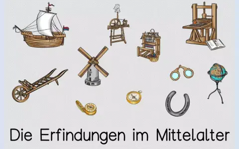 Eine Sammlung von mittelalterlichen Erfindungen: Schiff, Windmühle, Webstuhl, Buchdruckpresse, Kompass, Hufeisen, Globus, Brille und Schubkarre.