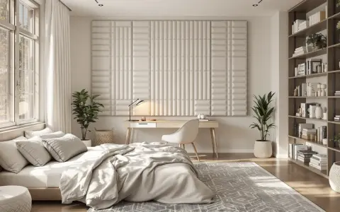 Chambre moderne avec un lit douillet, un bureau et une bibliothèque. Le mur derrière le bureau est orné de panneaux texturés, offrant une excellente isolation phonique mur chambre.