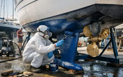 Application d'antifouling sur la quille d'un bateau. Le temps avant mise à l'eau dépend du produit.