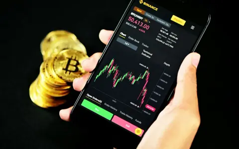 Ręka trzyma smartfon z wykresem kursu Bitcoina na platformie Binance. Obok stos złotych monet. Czy Binance czy Zonda? Decyzja należy do Ciebie.