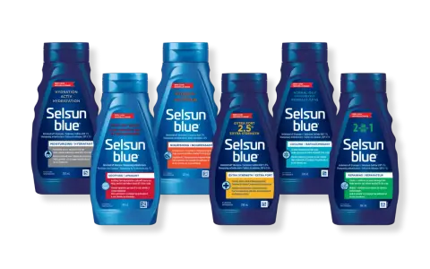 Gamme Selsun Blue avec disulfure de sélénium pour différents besoins capillaires : hydratation, apaisement, nutrition, force extra, et réparation.