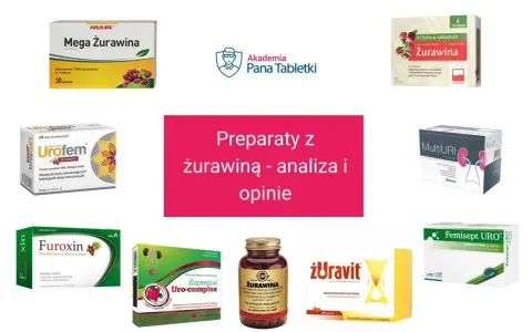 Preparaty z żurawiną na pęcherz: Mega Żurawina, Urofem, Furoxin, Żuravit i inne.