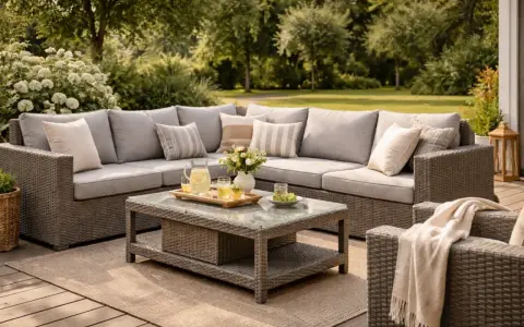 Wypoczynek na tarasie z meblami z technorattanu. Co to jest rattan? To materiał, który imituje naturalny rattan, ale jest trwalszy i odporny na warunki atmosferyczne.