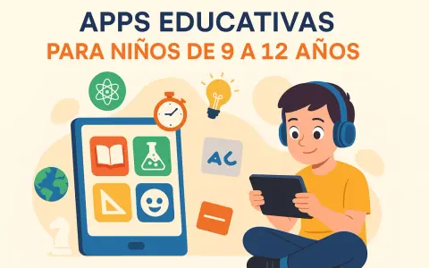 Un niño con auriculares usa una tablet rodeado de iconos que representan aplicaciones educativas para niños.