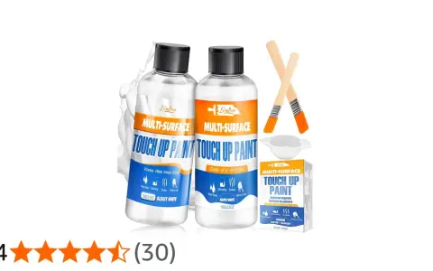 Dos botellas de barniz de retoque multi-superficie, dos pinceles y un recipiente. Ideal para reparaciones rápidas.