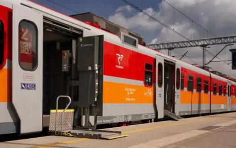 Polregio klasa 2 z podjazdem dla niepełnosprawnych i miejscem na rowery. Pociąg stoi na stacji.