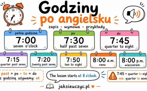 Grafika z budzikiem i kalendarzami pokazującymi godziny po angielsku, np. 7:00 seven o'clock.