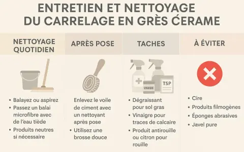 Guide d'entretien du carrelage : nettoyage quotidien, après pose, gestion des taches et produits à éviter pour prévenir toute rayure sur le carrelage.