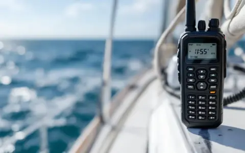 Une radio portee vhf sur un bateau, avec la mer en arrière-plan.