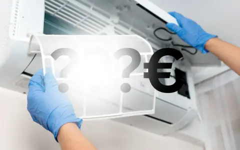 Hände in blauen Handschuhen entfernen einen Klimaanlagenfilter. Fragezeichen und ein Euro-Symbol deuten auf die **Klimaanlage reparieren Kosten** hin.
