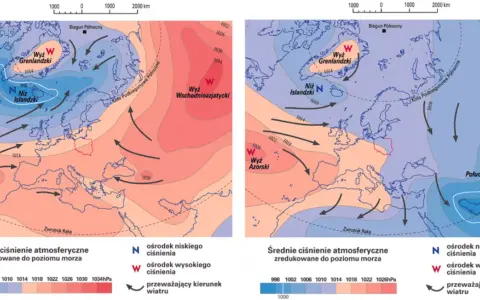 Na mapach widać, gdzie jest wyższe ciśnienie w górach czy nad morze. Lewa mapa pokazuje wyż azorski i niż islandzki, prawa wyż wschodniopółnocnoatlantycki.
