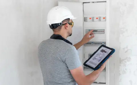 Un technicien en casque blanc consulte un schéma électrique sur sa tablette, devant un tableau de disjoncteurs. Il supervise l'installation électrique d'un nouveau gtl logement.