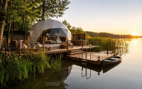 Domek w stylu aloha camp nad jeziorem, z jacuzzi i łódką przy pomoście. Zachód słońca.