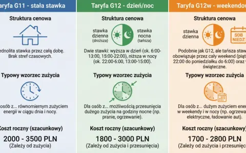 Porównanie taryf energii: G11 (stała), G12 (dzień/noc), G12w (weekendowa). Broker energetyczny pomaga wybrać najlepszą opcję.