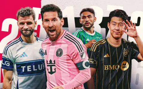 Cuatro jugadores de la MLS: Thomas Müller, Lionel Messi, un jugador de Austin FC y Son Heung-min, listos para la acción.