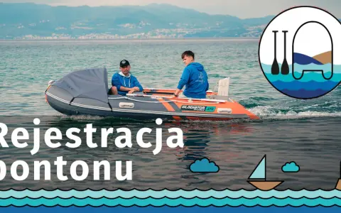 Dwóch mężczyzn płynie pontonem. Dowiedz się o pływanie pontonem przepisy i rejestracja pontonu.
