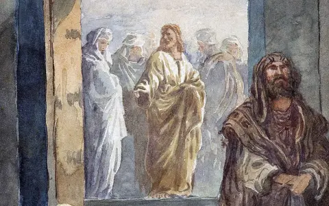 Jezus w złotej szacie przemawia do ludzi, przypominając o głównych prawdach wiary. Obok stoi mężczyzna w brązowym płaszczu.