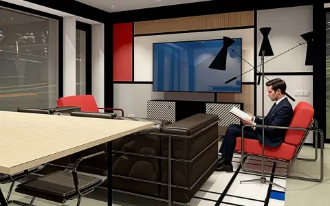 Man i kostym läser i en röd stol i ett rum med bauhaus inredningsstil. Mörkt lädersoffa och träbord.