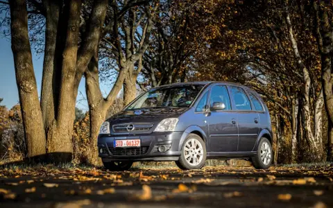 Ein dunkelgrauer Opel Meriva 2009 steht auf einem herbstlich gefärbten Weg, umgeben von Bäumen mit gelben Blättern.