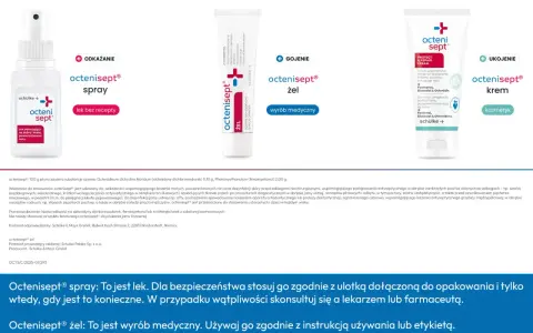 Octenisept spray i żel do dezynfekcji ran. Spray do odkażania, żel do gojenia. Czym smarować strupa? Octenisept żel wspomaga gojenie.