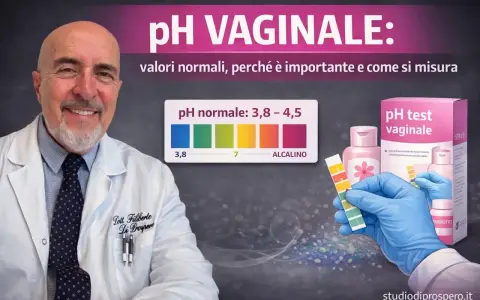 Medico sorridente in camice bianco, con grafico pH vaginale e kit test. Immagine a tema medicina.
