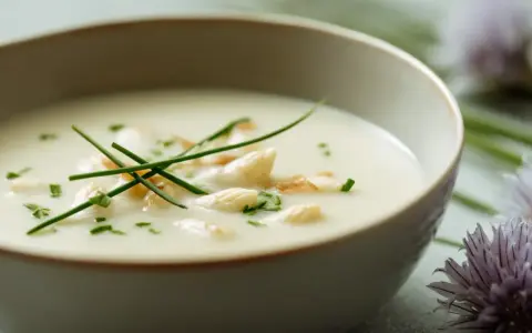 Un bol de velouté d'asperges crémeux, garni de pointes d'asperges, de ciboulette ciselée et de quelques éclats croustillants.