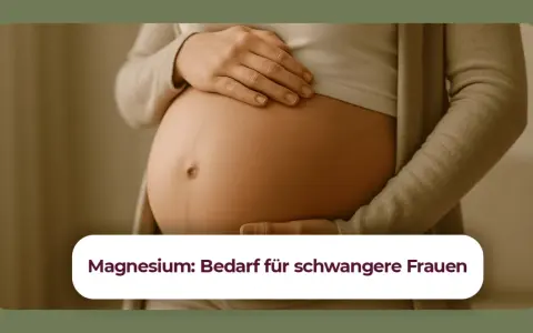 Schwangerenbauch mit Händen. Text: "Magnesium: Bedarf für schwangere Frauen". Wieviel Magnesium in der Schwangerschaft ist wichtig.