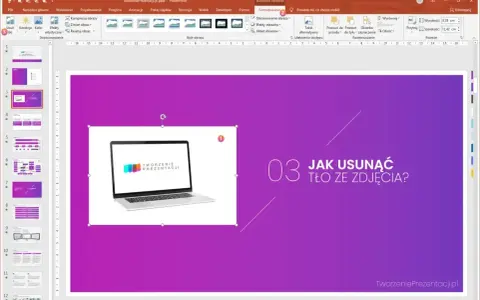 Prezentacja PowerPoint z pytaniem "Jak usunąć tło ze zdjęcia?". Widoczny laptop z logo "Tworzenie Prezentacji" oraz menu formatowania obrazu, pomocne przy tworzeniu bibliografii.