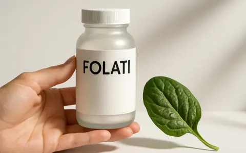 Flacone di folati, integratore utile per chi ha la mutazione MTHFR. Accanto, una foglia verde.