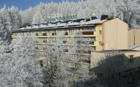 Sanatorium Leśnik Drzewiarz w Krynicy-Zdroju, ul. Podgórna 1, otoczone zimowym lasem.