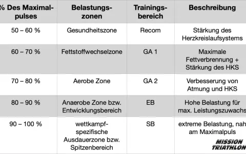 Tabelle zeigt Trainingszonen: Zone 2 (Fettstoffwechselzone, 60-70% Puls) für maximale Fettverbrennung und HKS-Stärkung.