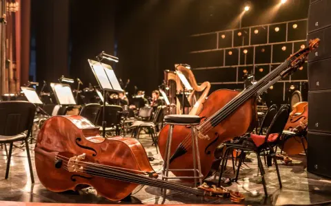 Kontrabasy i harfy na scenie, gotowe do wykonania najlepszej muzyki filmowej wszech czasów.
