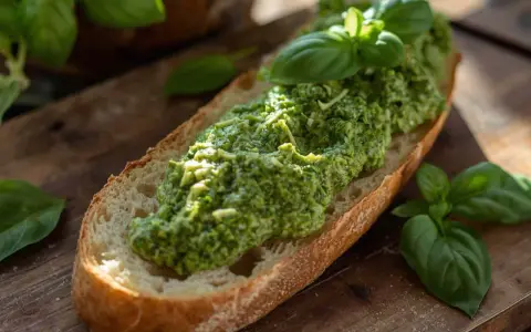 Fetta di pane croccante con abbondante pesto di zucchine e basilico fresco, su tagliere di legno.