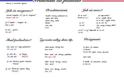 Zeszyt do samodzielnej nauki francuskiego: zwroty powitalne, pytania o imię, pochodzenie, samopoczucie i pożegnania.