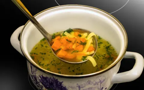 Łyżka nabiera aromatyczny bulion z marchewką i makaronem. Idealny przepis, jak zrobić bulion, który rozgrzeje serce.