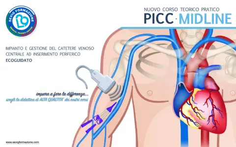 Corso pratico sull'inserimento PICC ecoguidato. Illustrazione anatomica mostra il posizionamento del catetere venoso centrale.