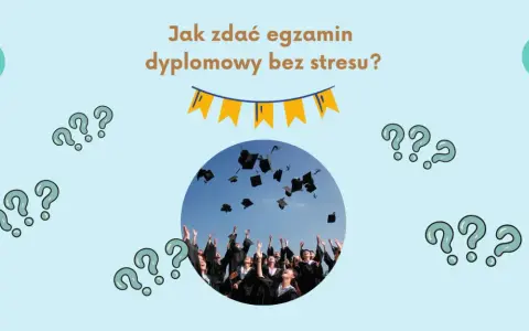 Studenci rzucają birety w powietrze po obronie pracy licencjackiej. Pytajniki sugerują niepewność, ale radość jest widoczna.
