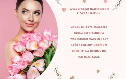 Gotowe życzenia imieninowe: piękna kobieta z bukietem różowych tulipanów, życzenia spełnienia marzeń.