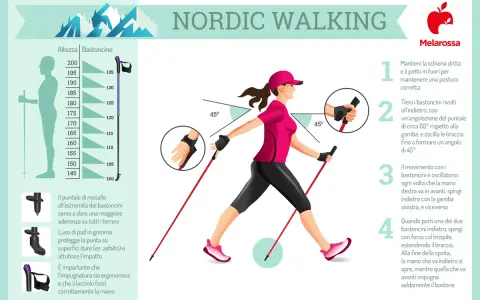 Guida al nordic walking: postura corretta, uso dei bastoncini e movimento oscillatorio per un allenamento efficace.