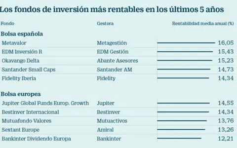 Tabla muestra fondos de inversión españoles y europeos con su rentabilidad media anualizada en los últimos 5 años. Metavalor lidera con 16,05%.