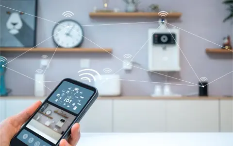 En hand håller en smartphone med en smart life app. I bakgrunden syns ett kök med uppkopplade enheter.