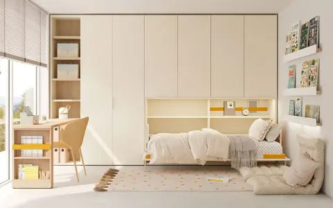 Acogedora habitación juvenil con cama, escritorio y amplios armarios. Un espacio ideal para estudiar y descansar.