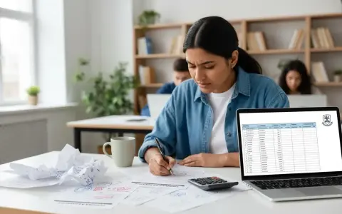 Uczennica pochylona nad zeszytem, obok kalkulator i laptop z tabelą wyników. Intensywna nauka do egzaminów **international baccalaureate**.
