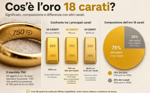 Anello con punzone "750", che indica 750 parti di oro puro su 1000, mostrando la composizione dell'oro 18 carati.