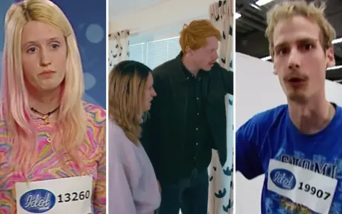 Anna, en ung person med rosa slingor, och två andra deltagare från Idol.