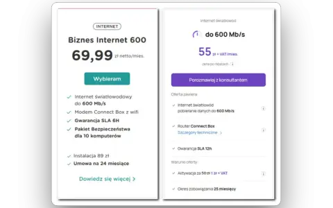 Dwa pakiety internetowe Play: jeden z ceną 69,99 zł, drugi z rabatem za 55 zł.