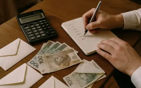 Ręka zapisuje w notesie, co zrobić z pieniędzmi z wesela. Obok leżą koperty, banknoty 100 zł i kalkulator.