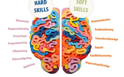 Bilden visar en hjärna uppdelad i "Hard Skills" och "Soft Skills". Den illustrerar vad som menas med skills, med exempel som programmering och kommunikation.