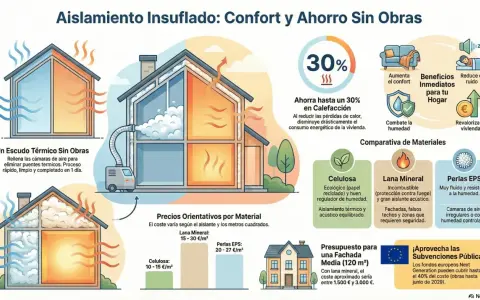 Aislamiento de casas para mejora de la eficiencia, con ahorro del 30% en calefacción y beneficios como confort y reducción de ruido.